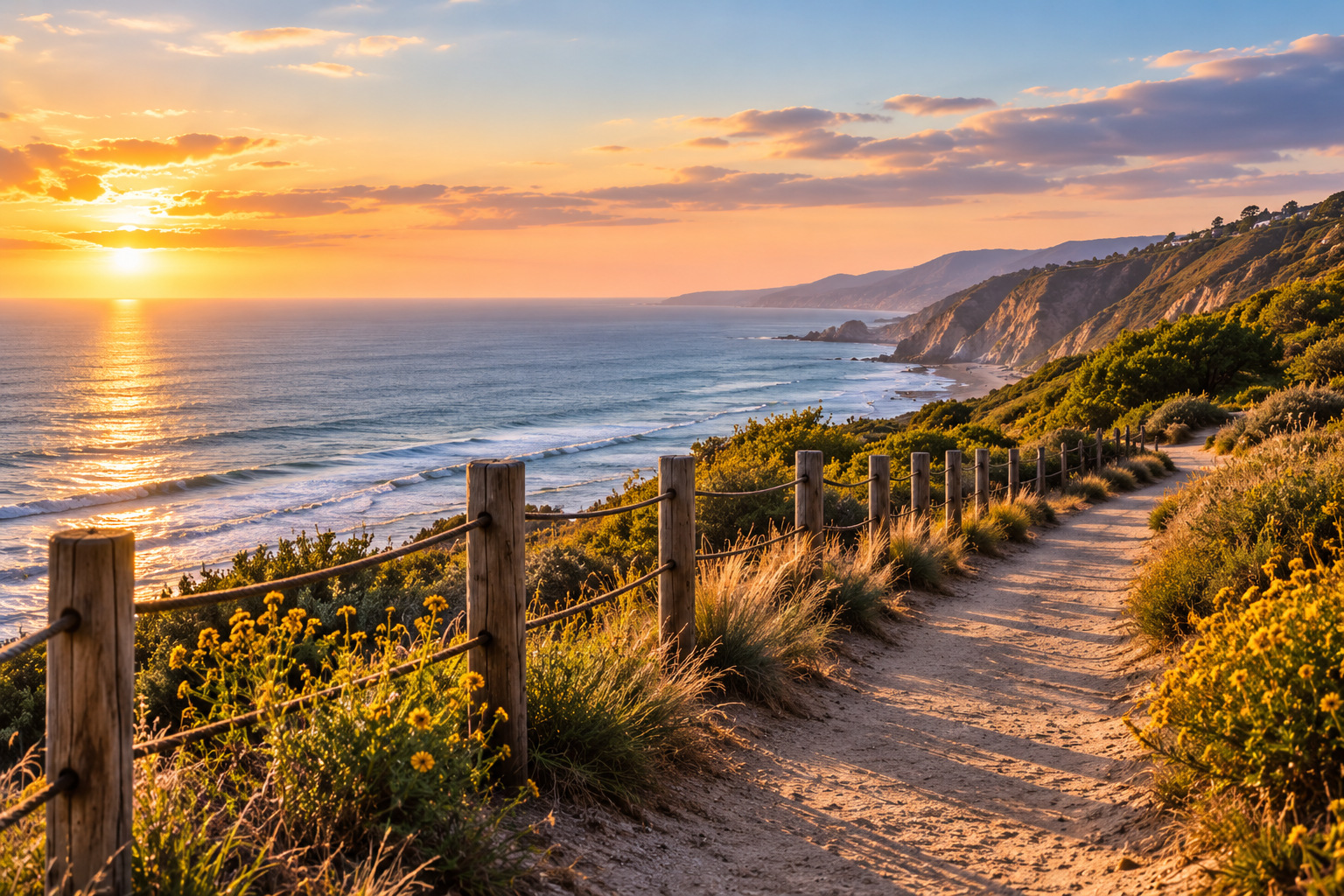 An illustrative coastal walking path in warm evening light