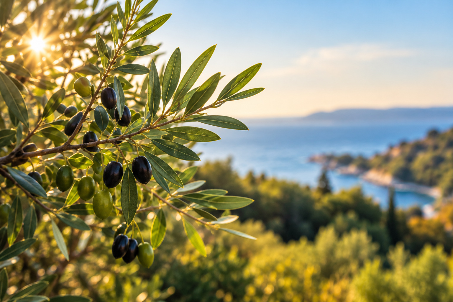 An illustrative olive branch overlooking a coastal landscape