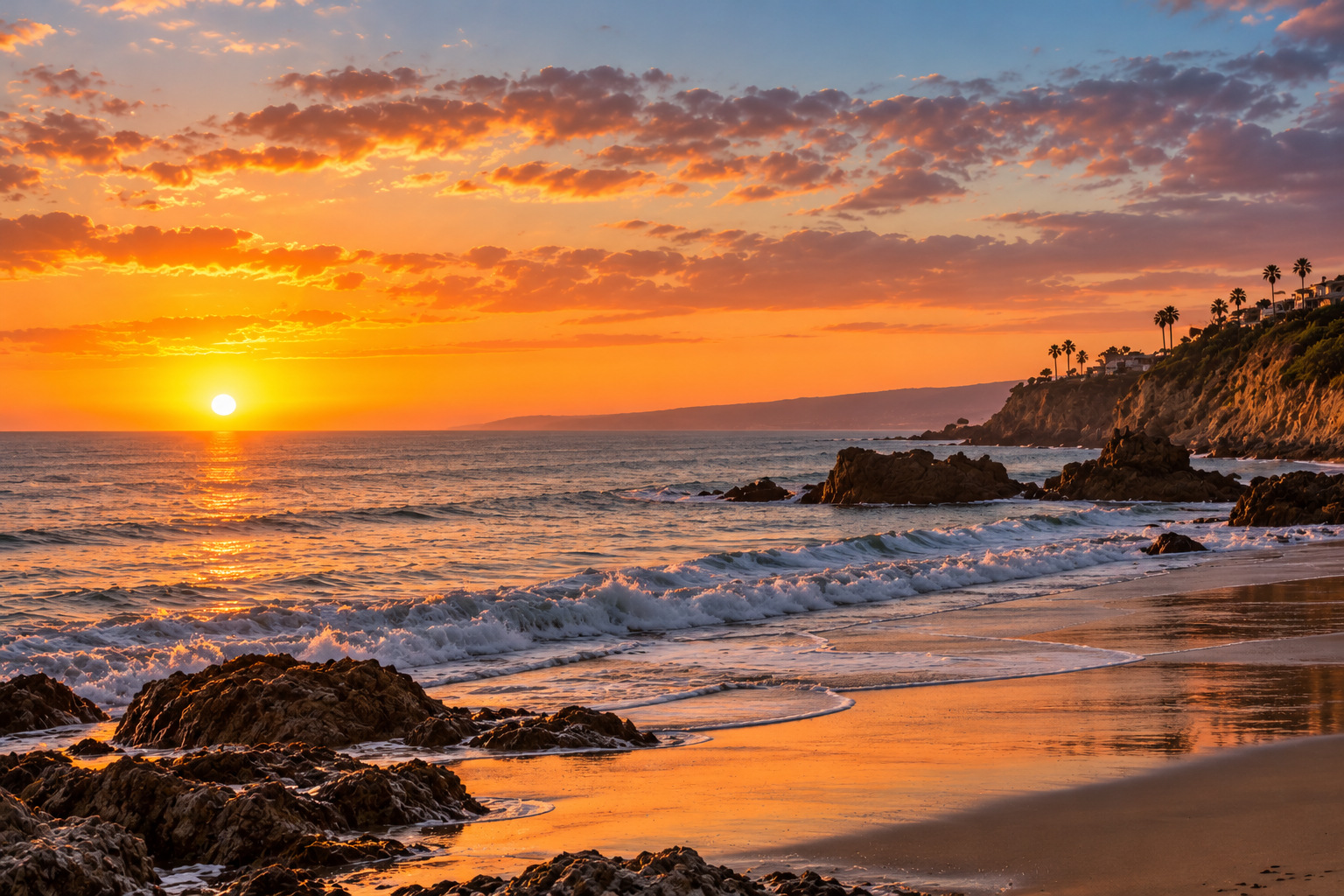 An illustrative coastal sunset viewed from above the shoreline
