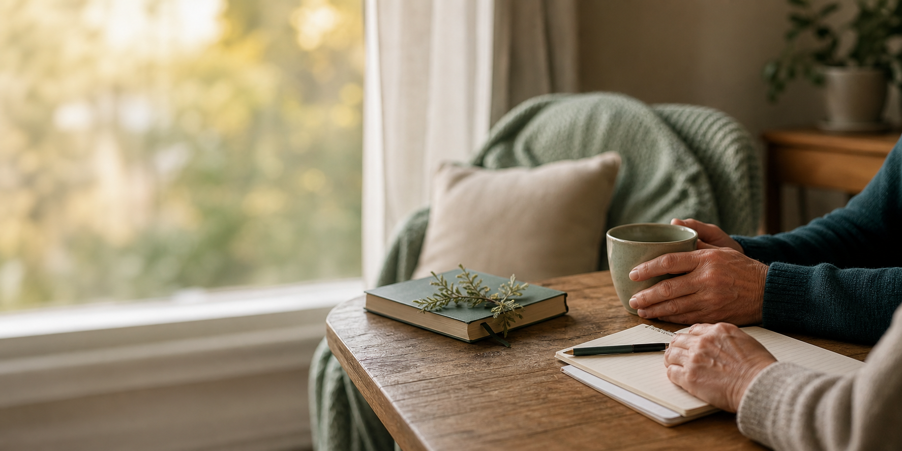 A quiet table beside a window with a journal, tea, and two people in conversation