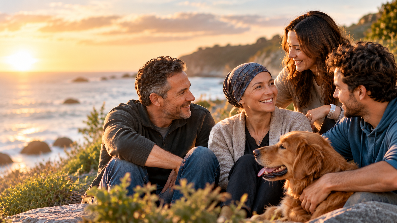 Four adults and a golden retriever sharing a warm moment beside the coast at sunset