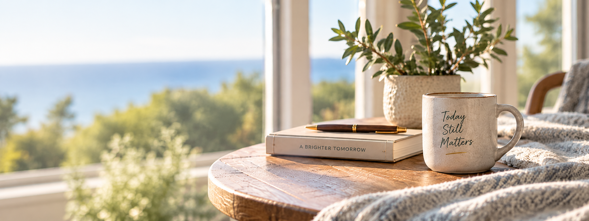 A sunlit table with a mug reading Today Still Matters, a book titled A Brighter Tomorrow, a pen, an olive plant, and a soft blanket