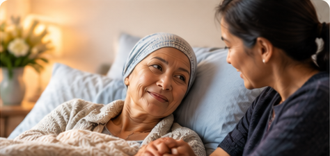 A person wearing a head covering receiving compassionate bedside companionship