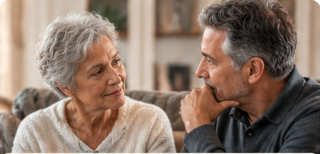 An older white woman in a thoughtful conversation with a man