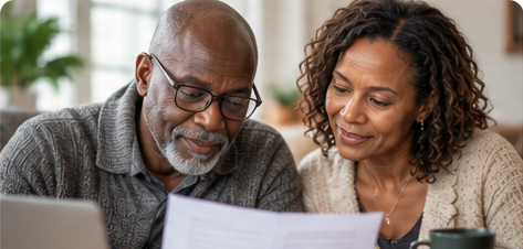 An older Black man and a woman reviewing paperwork together