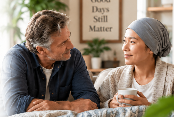 A compassionate companion speaking with a woman wearing a head covering over a cup of tea
