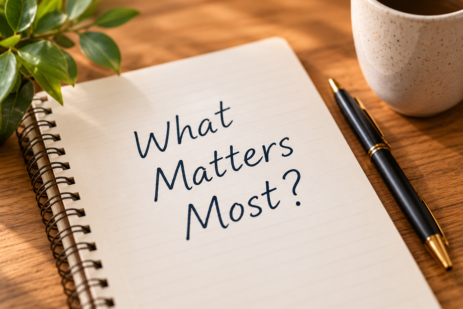 A notebook reading What Matters Most beside a pen, mug, and green plant