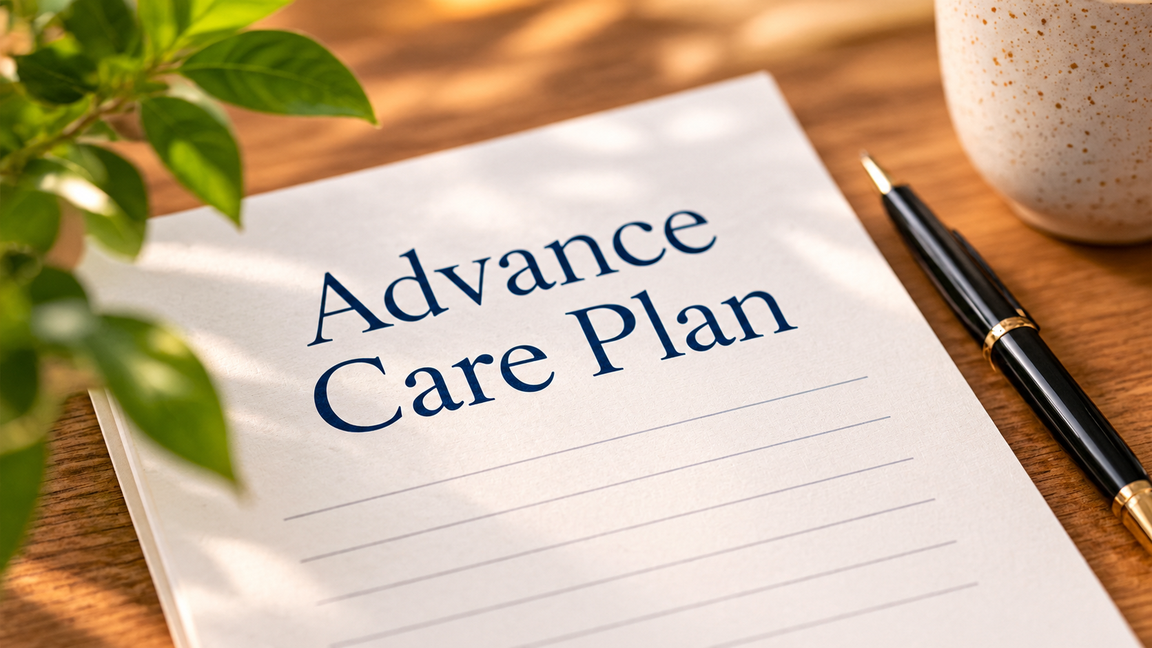 An Advance Care Plan document beside a pen and green plant