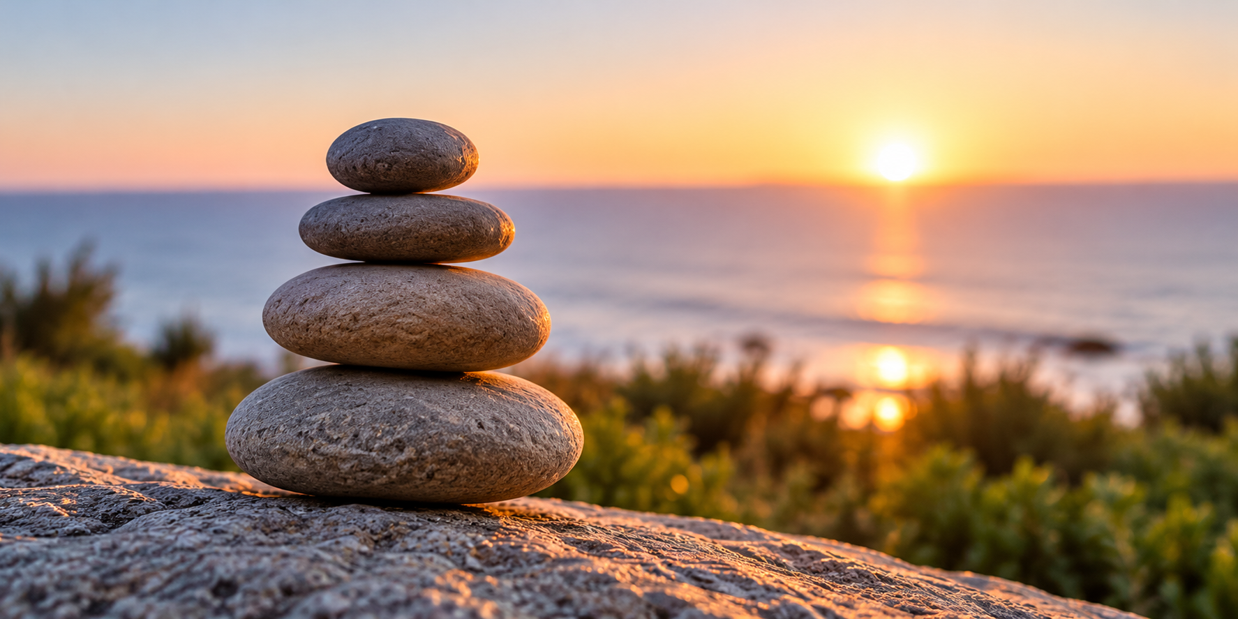 Four smooth stones balanced beside the ocean at sunset