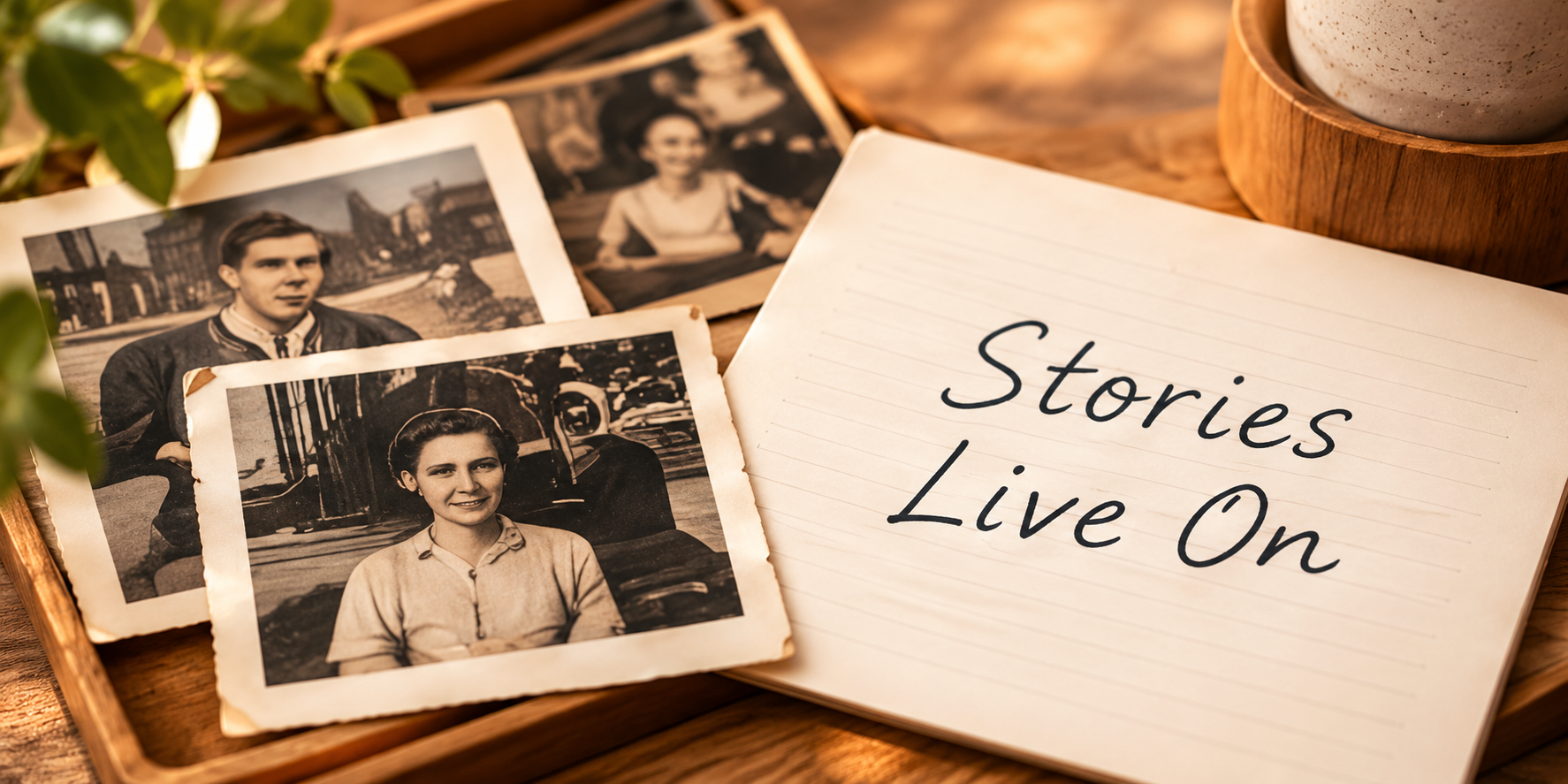 Vintage family photographs beside a page reading Stories Live On
