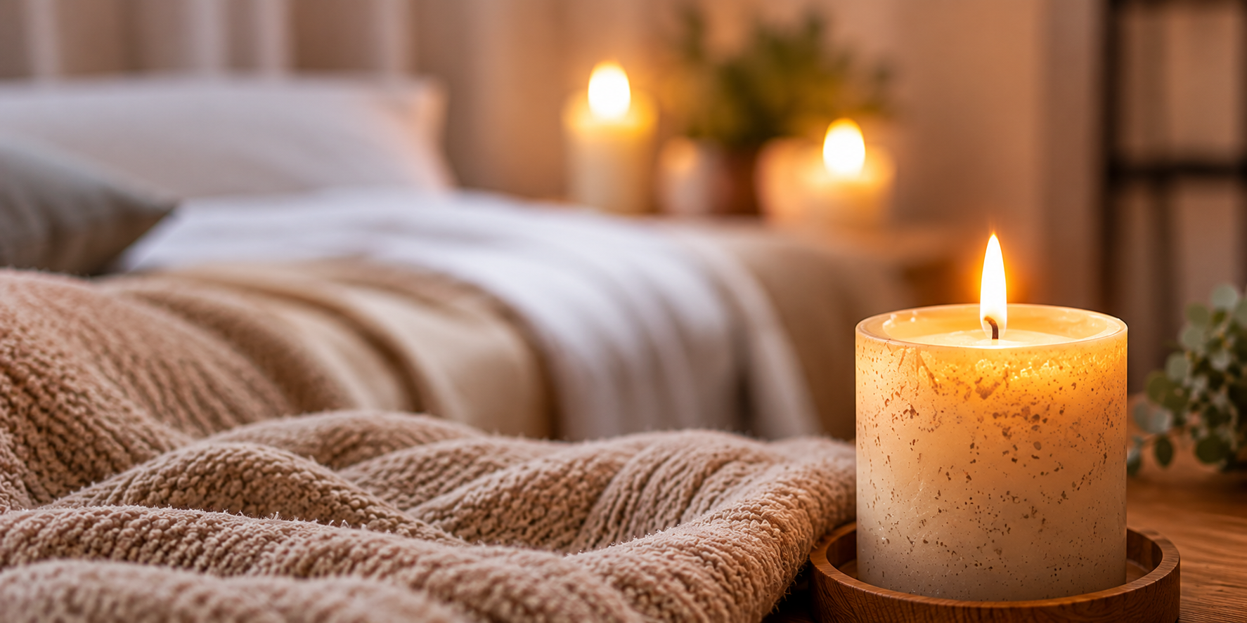 A lit candle beside a softly made bed