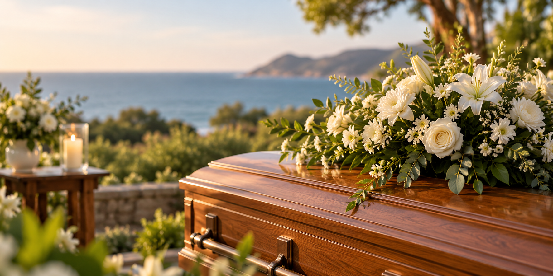 A home-funeral setting with flowers, a casket, and the ocean beyond