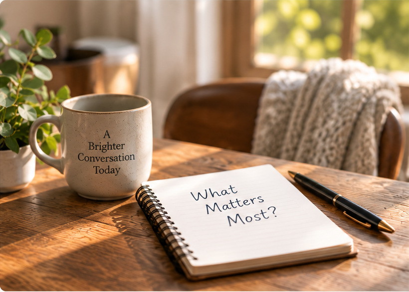 Coffee mug beside an open notebook reading What Matters Most? on a sunlit wooden table.