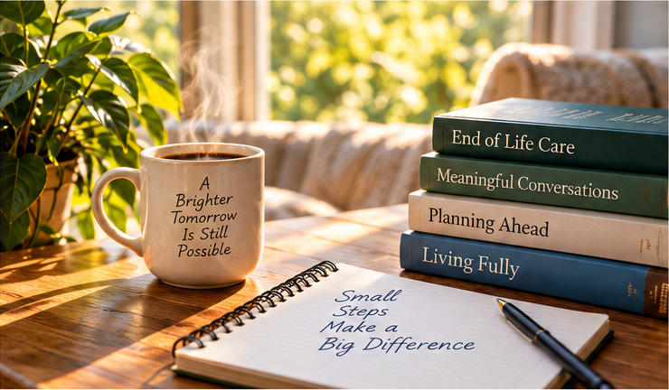 A warm sunlit table with a coffee mug, end-of-life care books, and an open notebook