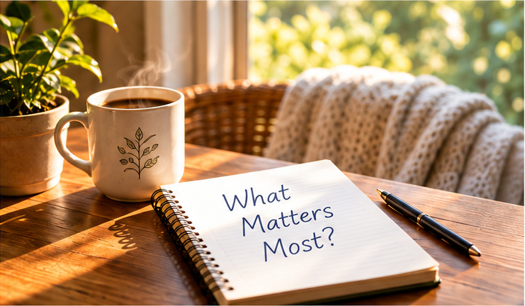 A notebook asking What Matters Most beside a warm drink in morning light
