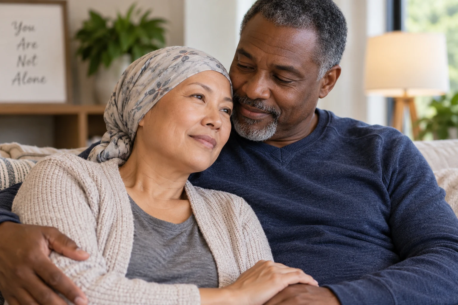 An Asian woman wearing a headscarf rests against her husband as they share a quiet moment at home.