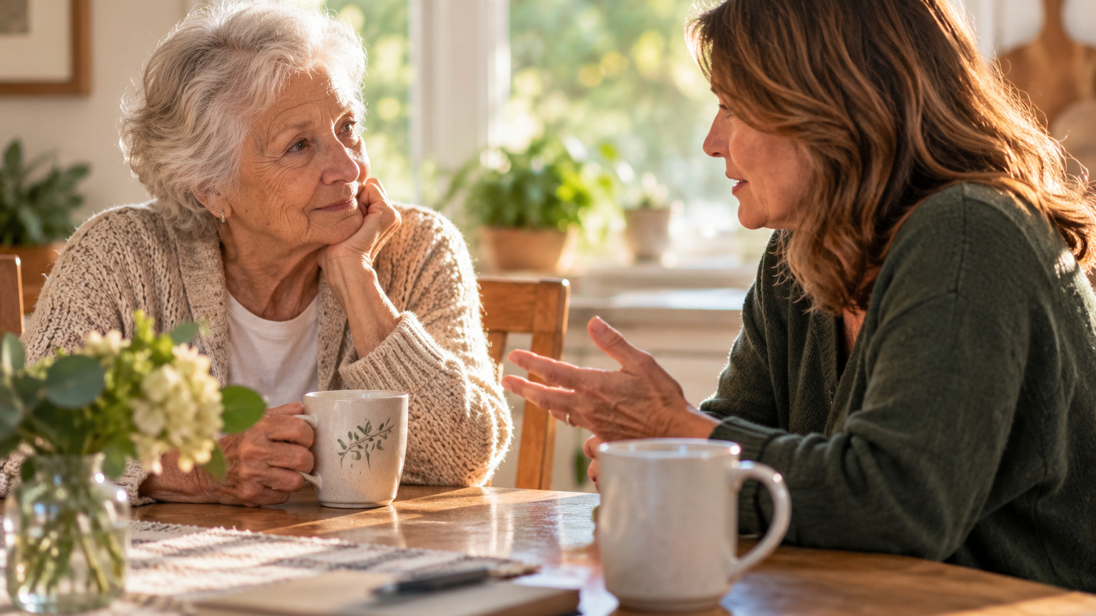 An older woman and an adult woman share a thoughtful conversation over coffee at a sunlit kitchen table